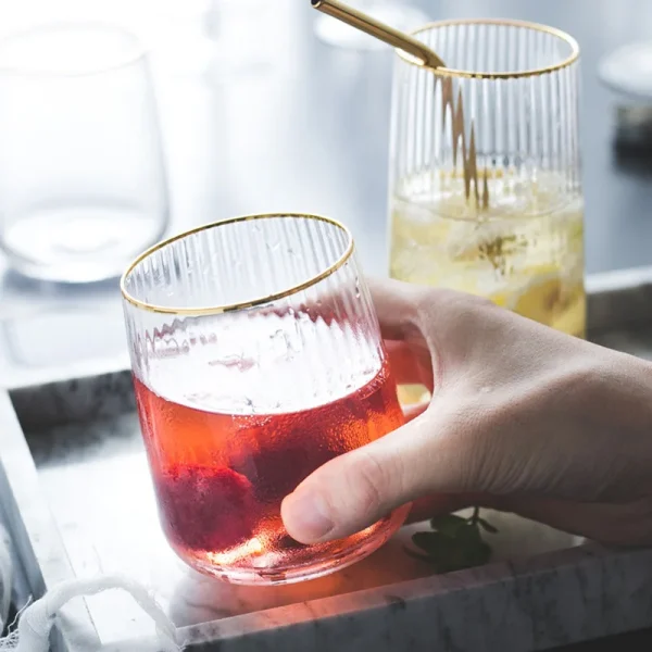 Japanese Gold Silm Vertical Grain Glass Cup 450/520MLHeat-Resistant Household Simple Cups for Cofffee Milk Juice Bar Drinkware 5