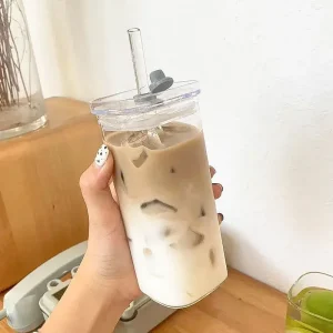 Square Heat Resistant Coffee Glass Cup With Lid and Straw Transparent Milk Tea Juice Cups Coffee Mug For Home Bar Drinkware 1