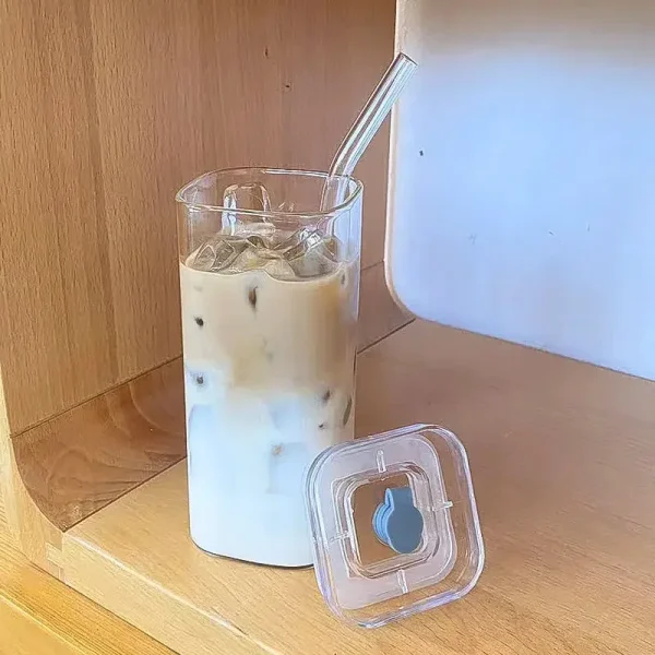 Square Heat Resistant Coffee Glass Cup With Lid and Straw Transparent Milk Tea Juice Cups Coffee Mug For Home Bar Drinkware 3