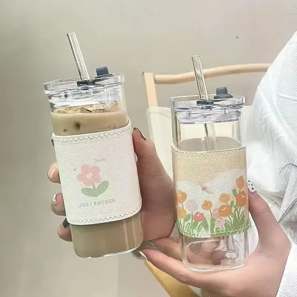 Square Heat Resistant Coffee Glass Cup With Lid and Straw Transparent Milk Tea Juice Cups Coffee Mug For Home Bar Drinkware 4
