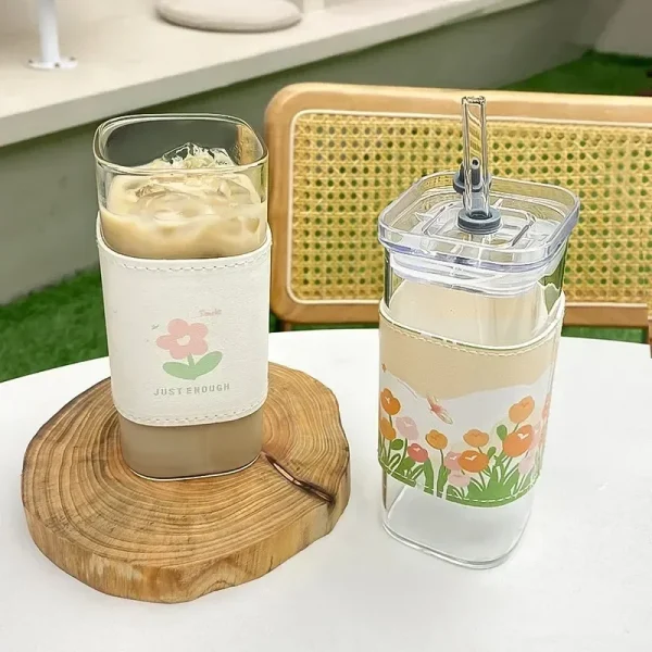 Square Heat Resistant Coffee Glass Cup With Lid and Straw Transparent Milk Tea Juice Cups Coffee Mug For Home Bar Drinkware 5