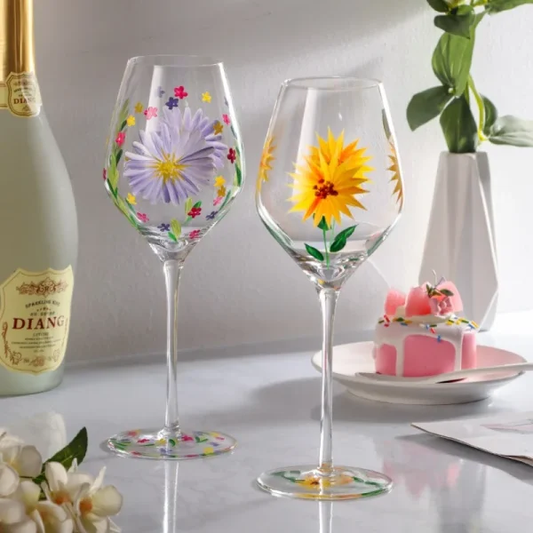 Retro Painted Tulips Glass Red Wine Glass Whisky Drinking Cocktail Martini Glasses Creative Barware Household Drinkware Party 2