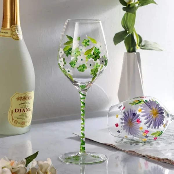 Retro Painted Tulips Glass Red Wine Glass Whisky Drinking Cocktail Martini Glasses Creative Barware Household Drinkware Party 4