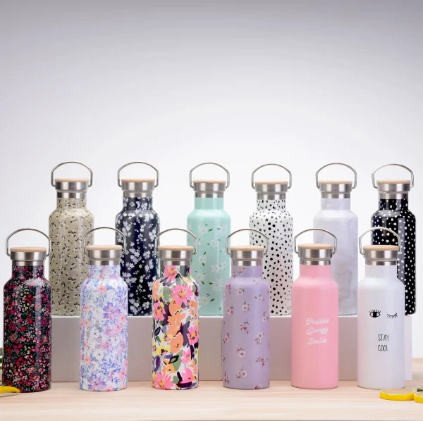 500ML Sports THERMOS CUP With Handle,Bamboo Lid,Printed Drinkware,Stainless steel Vacuum Flasks,Camping And Gym Water Bottle 1