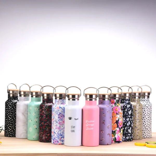 500ML Sports THERMOS CUP With Handle,Bamboo Lid,Printed Drinkware,Stainless steel Vacuum Flasks,Camping And Gym Water Bottle 2