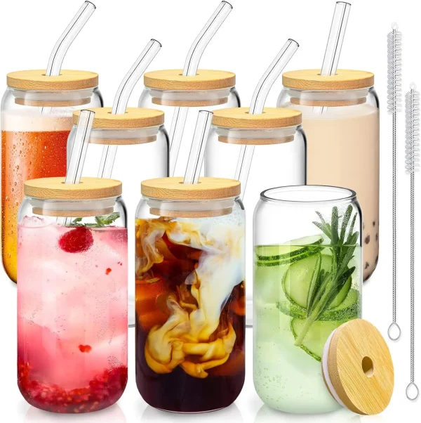 550ML Glass Cup With Wooden Lid And Straw Juice Drink Beer Mug Coffee Milk Transparent Water Cup Suitable For Parties Drinkware 1