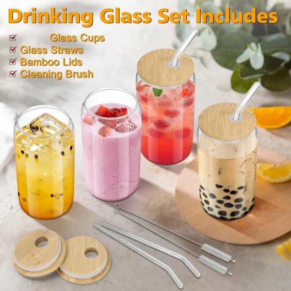 550ML Glass Cup With Wooden Lid And Straw Juice Drink Beer Mug Coffee Milk Transparent Water Cup Suitable For Parties Drinkware 4