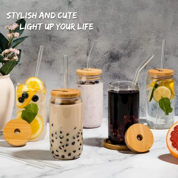 550ML Glass Cup With Wooden Lid And Straw Juice Drink Beer Mug Coffee Milk Transparent Water Cup Suitable For Parties Drinkware 5
