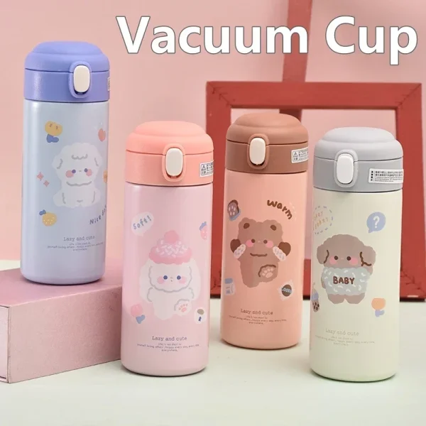 1pc 380ML Cute Cartoon 304 Stainless Steel Thermal Thermos Vacuum Flask With Straw for Girls Insulated Tumbler Drinkware 2