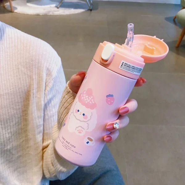 1pc 380ML Cute Cartoon 304 Stainless Steel Thermal Thermos Vacuum Flask With Straw for Girls Insulated Tumbler Drinkware 5