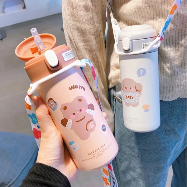 1pc 380ML Cute Cartoon 304 Stainless Steel Thermal Thermos Vacuum Flask With Straw for Girls Insulated Tumbler Drinkware 6