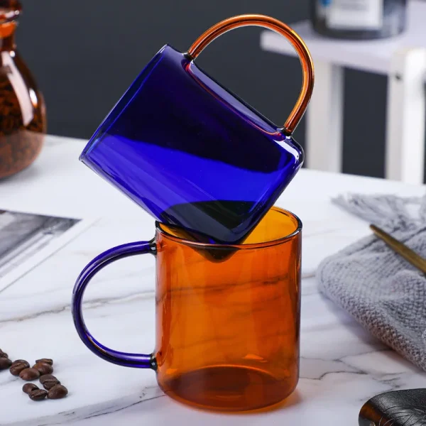 Simple Brief Glass Coffee Mug Two Tone Amber and Blue Glass Cup Heat Resistant Nordic Milk Tea Water Mug 380ml Drinkware 1 Piece 2