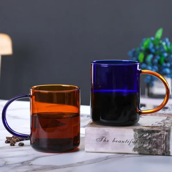 Simple Brief Glass Coffee Mug Two Tone Amber and Blue Glass Cup Heat Resistant Nordic Milk Tea Water Mug 380ml Drinkware 1 Piece 4