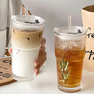 450ml/600ml Stripe Coffee Glass Cup Transparent Glass Cup With Lid and Straw Iced Coffee Mug Juice Milk Tea Water Cup Drinkware 1