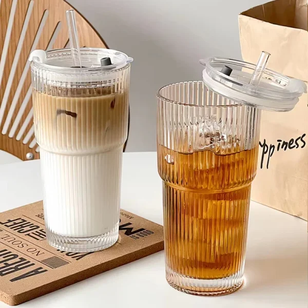450ml/600ml Stripe Coffee Glass Cup Transparent Glass Cup With Lid and Straw Iced Coffee Mug Juice Milk Tea Water Cup Drinkware 2
