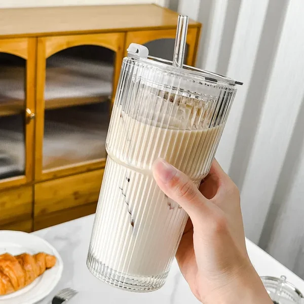 450ml/600ml Stripe Coffee Glass Cup Transparent Glass Cup With Lid and Straw Iced Coffee Mug Juice Milk Tea Water Cup Drinkware 3