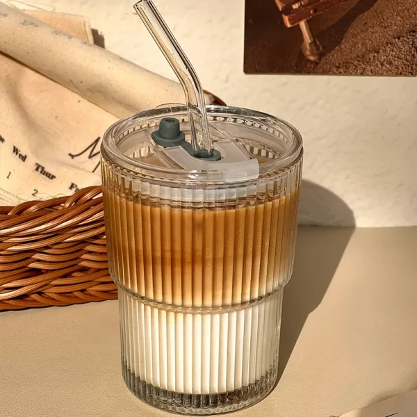 450ml/600ml Stripe Coffee Glass Cup Transparent Glass Cup With Lid and Straw Iced Coffee Mug Juice Milk Tea Water Cup Drinkware 4