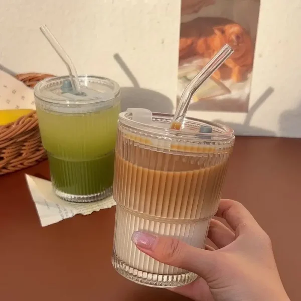 450ml/600ml Stripe Coffee Glass Cup Transparent Glass Cup With Lid and Straw Iced Coffee Mug Juice Milk Tea Water Cup Drinkware 5