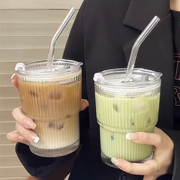 450ml/600ml Stripe Coffee Glass Cup Transparent Glass Cup With Lid and Straw Iced Coffee Mug Juice Milk Tea Water Cup Drinkware 6