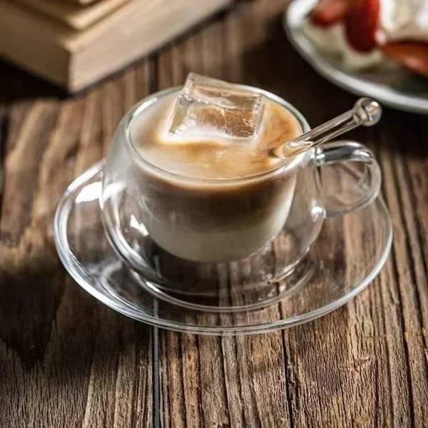 150/300ml Double Wall Glass Coffee Mug with Saucers and Spoon Heat Resistant Espresso Cups Transparent Heat-resistant Drinkware 2