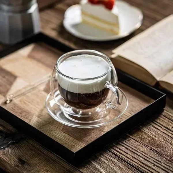 150/300ml Double Wall Glass Coffee Mug with Saucers and Spoon Heat Resistant Espresso Cups Transparent Heat-resistant Drinkware 3