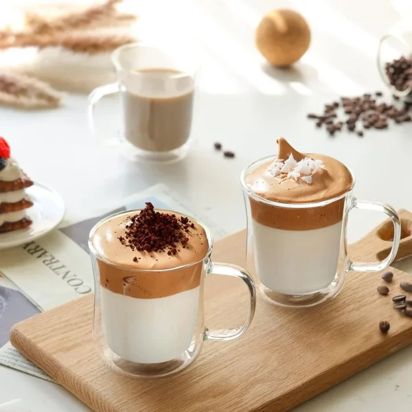 YWDL 1/2/4PCS Double Wall Glass Cup Clear Coffee Mug With Handle For Hot Cold Beverage Milk Juice Drinkware Set 220/300/400ml 5