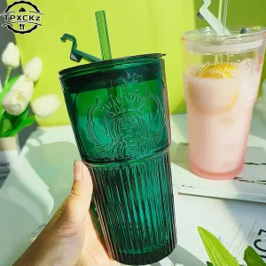 Milk Cup Green Goddess Model Water Cup Glass Cup With Lid and Straw Transparent Bubble Tea Cup Coffee Drinkware Dessert Cup 1