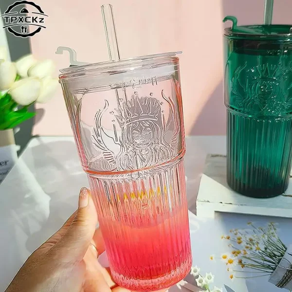 Milk Cup Green Goddess Model Water Cup Glass Cup With Lid and Straw Transparent Bubble Tea Cup Coffee Drinkware Dessert Cup 2