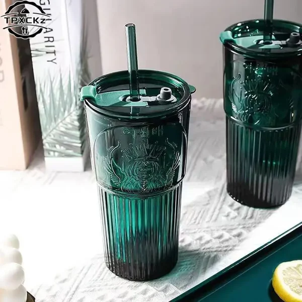 Milk Cup Green Goddess Model Water Cup Glass Cup With Lid and Straw Transparent Bubble Tea Cup Coffee Drinkware Dessert Cup 3