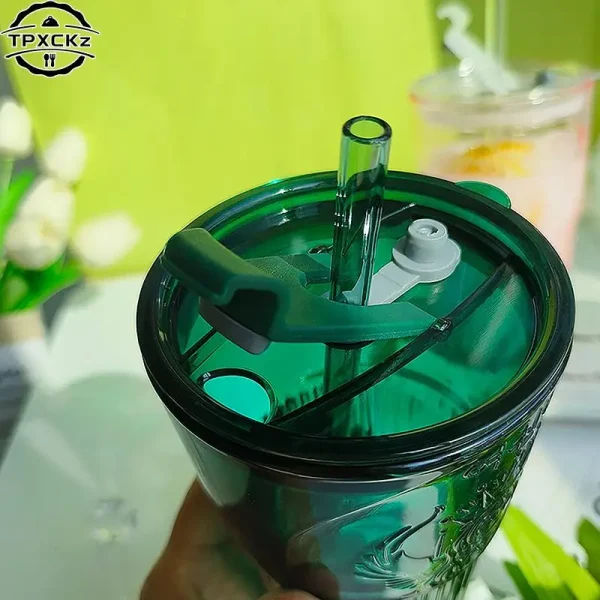 Milk Cup Green Goddess Model Water Cup Glass Cup With Lid and Straw Transparent Bubble Tea Cup Coffee Drinkware Dessert Cup 5