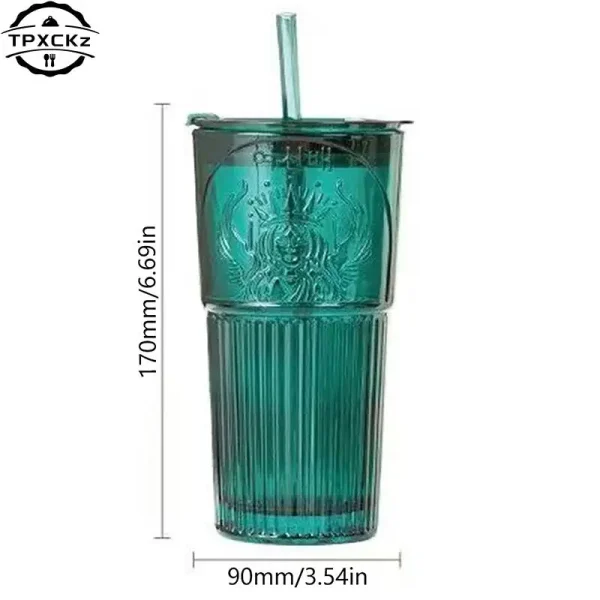 Milk Cup Green Goddess Model Water Cup Glass Cup With Lid and Straw Transparent Bubble Tea Cup Coffee Drinkware Dessert Cup 6