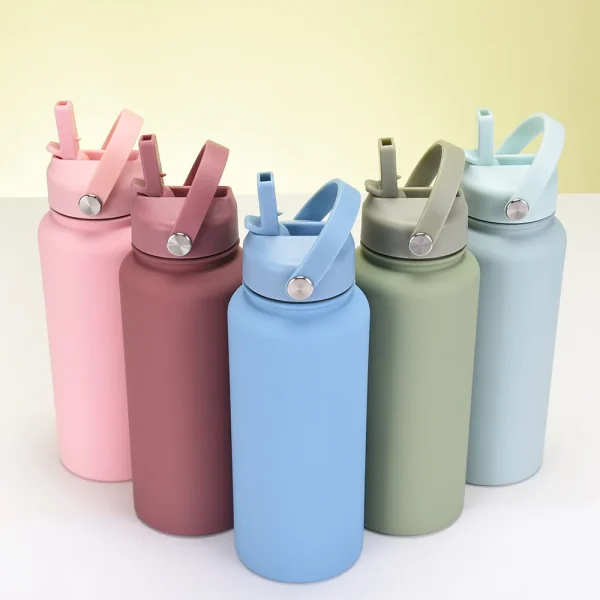 1L Sports WATER BOTTLE With Handle And Straw Stainless Steel Large Capacity Vacuum Flasks Drinkware Large Mouth GymThermos CUP 1