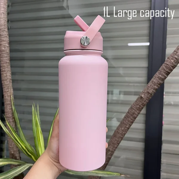 1L Sports WATER BOTTLE With Handle And Straw Stainless Steel Large Capacity Vacuum Flasks Drinkware Large Mouth GymThermos CUP 2