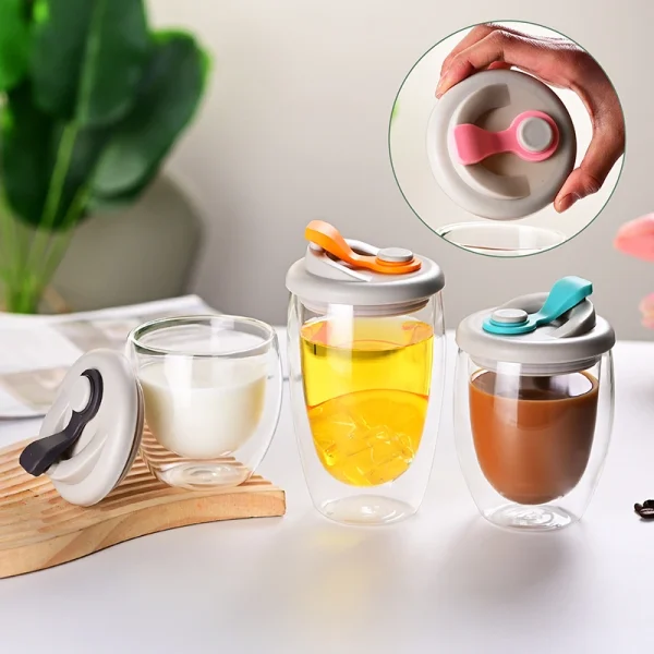 Double Wall Insulated Glass Cup With Lid Clear Espresso Coffee Mug Handmade Beer Mug Tea Milk Glass Whiskey Glass Cups Drinkware 2