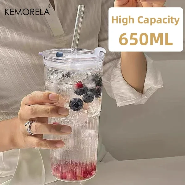 1/2PCS 600ml Stripe Glass Cup with Lid and Straw Transparent Drinking Glasses for Juice Water and Iced Coffee Cups Drinkware Mug 1