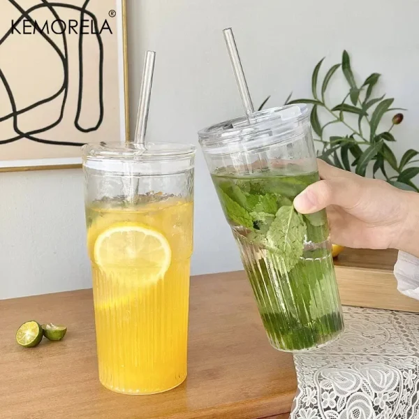 1/2PCS 600ml Stripe Glass Cup with Lid and Straw Transparent Drinking Glasses for Juice Water and Iced Coffee Cups Drinkware Mug 2