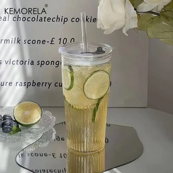 1/2PCS 600ml Stripe Glass Cup with Lid and Straw Transparent Drinking Glasses for Juice Water and Iced Coffee Cups Drinkware Mug 3