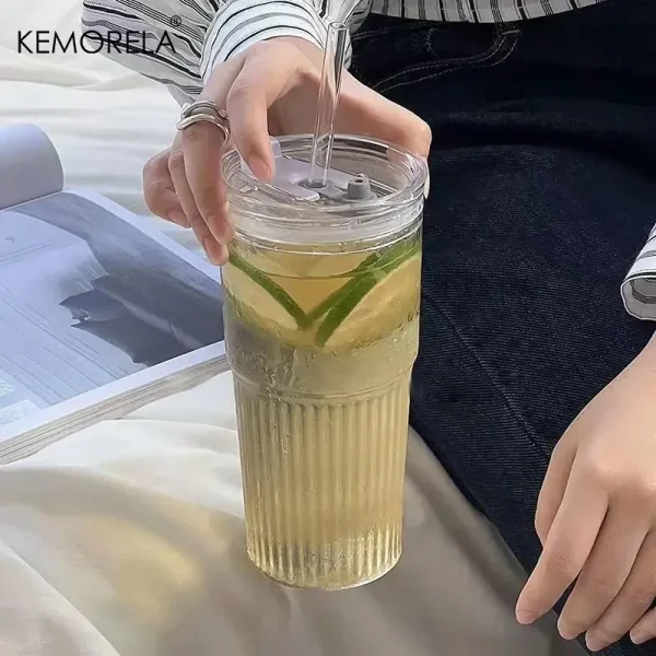 1/2PCS 600ml Stripe Glass Cup with Lid and Straw Transparent Drinking Glasses for Juice Water and Iced Coffee Cups Drinkware Mug 5