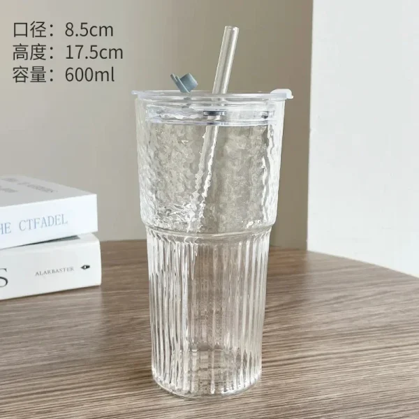 1/2PCS 600ml Stripe Glass Cup with Lid and Straw Transparent Drinking Glasses for Juice Water and Iced Coffee Cups Drinkware Mug 6
