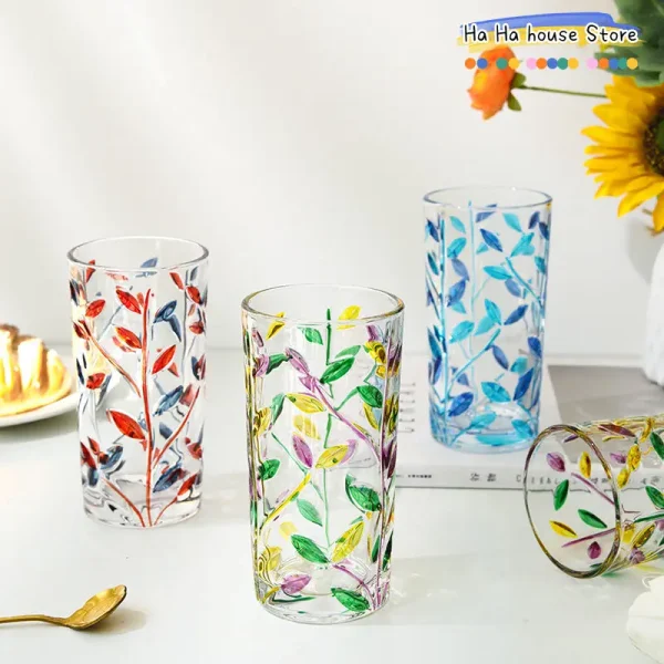 1pc 320ml Colorful Leaf Pattern Drinking Glass Perfect Iced Coffee Juice and Beer Birthday Gift Drinking Glass Summer Drinkware 1