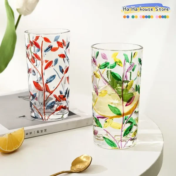 1pc 320ml Colorful Leaf Pattern Drinking Glass Perfect Iced Coffee Juice and Beer Birthday Gift Drinking Glass Summer Drinkware 2
