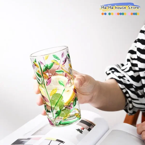 1pc 320ml Colorful Leaf Pattern Drinking Glass Perfect Iced Coffee Juice and Beer Birthday Gift Drinking Glass Summer Drinkware 5