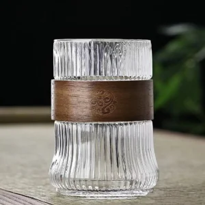 400ML Japanese Style Glass Water Cup with Walnut Cup Sleeve Coffee Milk Tea Cup Simple Striped Beer Mug Drinkware Coffeeware 1