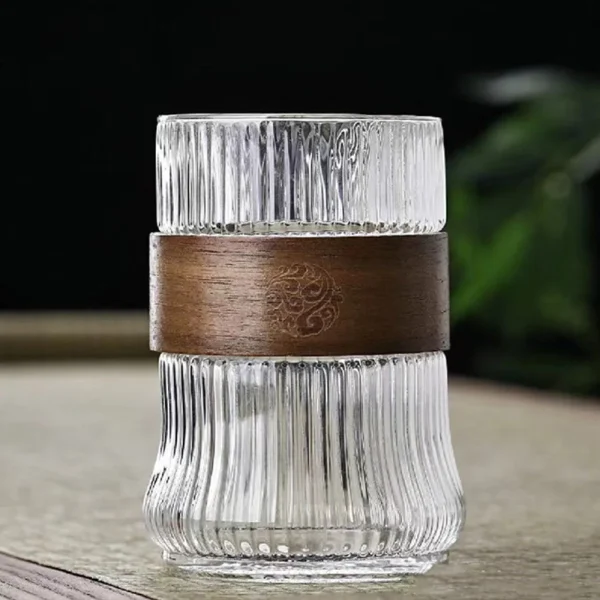400ML Japanese Style Glass Water Cup with Walnut Cup Sleeve Coffee Milk Tea Cup Simple Striped Beer Mug Drinkware Coffeeware 1