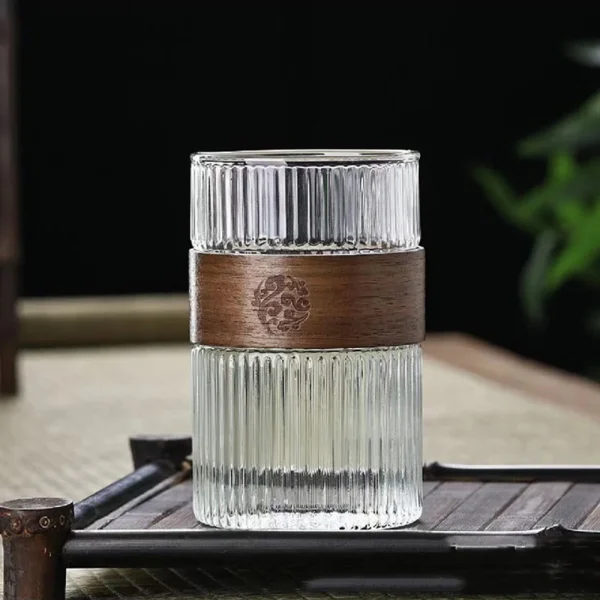 400ML Japanese Style Glass Water Cup with Walnut Cup Sleeve Coffee Milk Tea Cup Simple Striped Beer Mug Drinkware Coffeeware 2