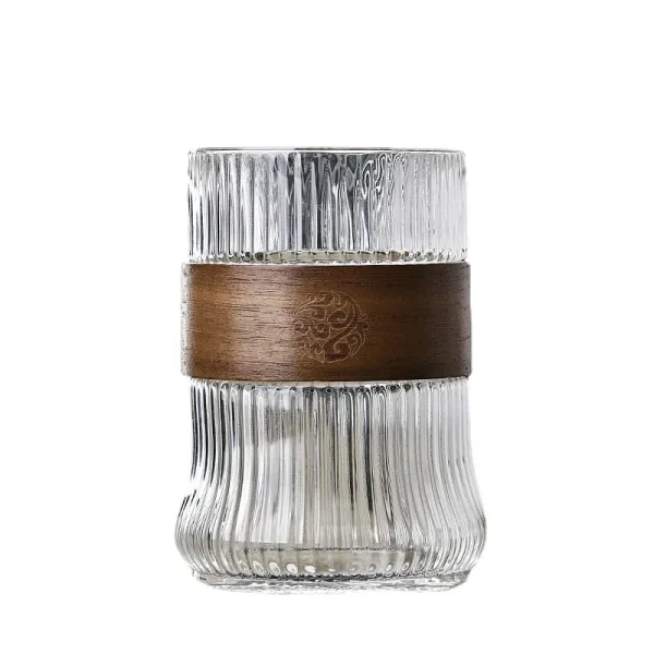 400ML Japanese Style Glass Water Cup with Walnut Cup Sleeve Coffee Milk Tea Cup Simple Striped Beer Mug Drinkware Coffeeware 3