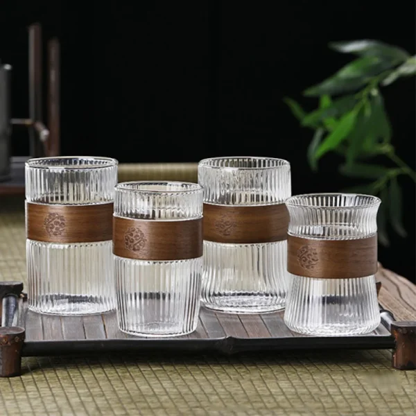 400ML Japanese Style Glass Water Cup with Walnut Cup Sleeve Coffee Milk Tea Cup Simple Striped Beer Mug Drinkware Coffeeware 4