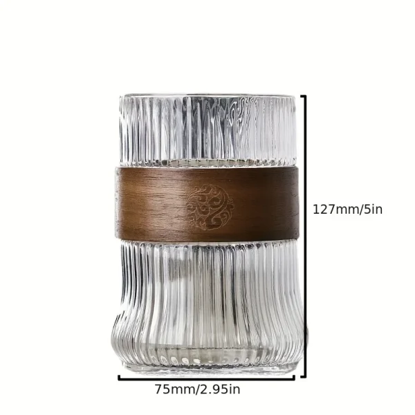 400ML Japanese Style Glass Water Cup with Walnut Cup Sleeve Coffee Milk Tea Cup Simple Striped Beer Mug Drinkware Coffeeware 5