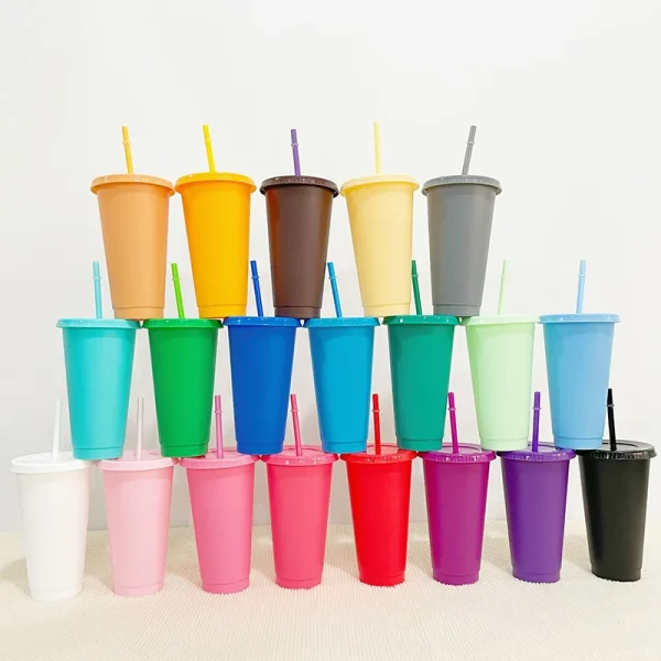 Reusable Drinkware With Straws Lid Flash Powder Water Bottle Plastic Tumblers Straw Drinking Cup Cold Drink Tumbler 5