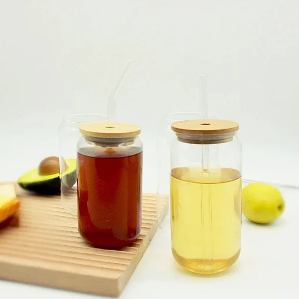 Creative Glass Cup Bamboo Lid Can Shape Tea Juice Milk Coffee Mug Glass Drinking Cup High Borosilicate Glass Durable Drinkware 3